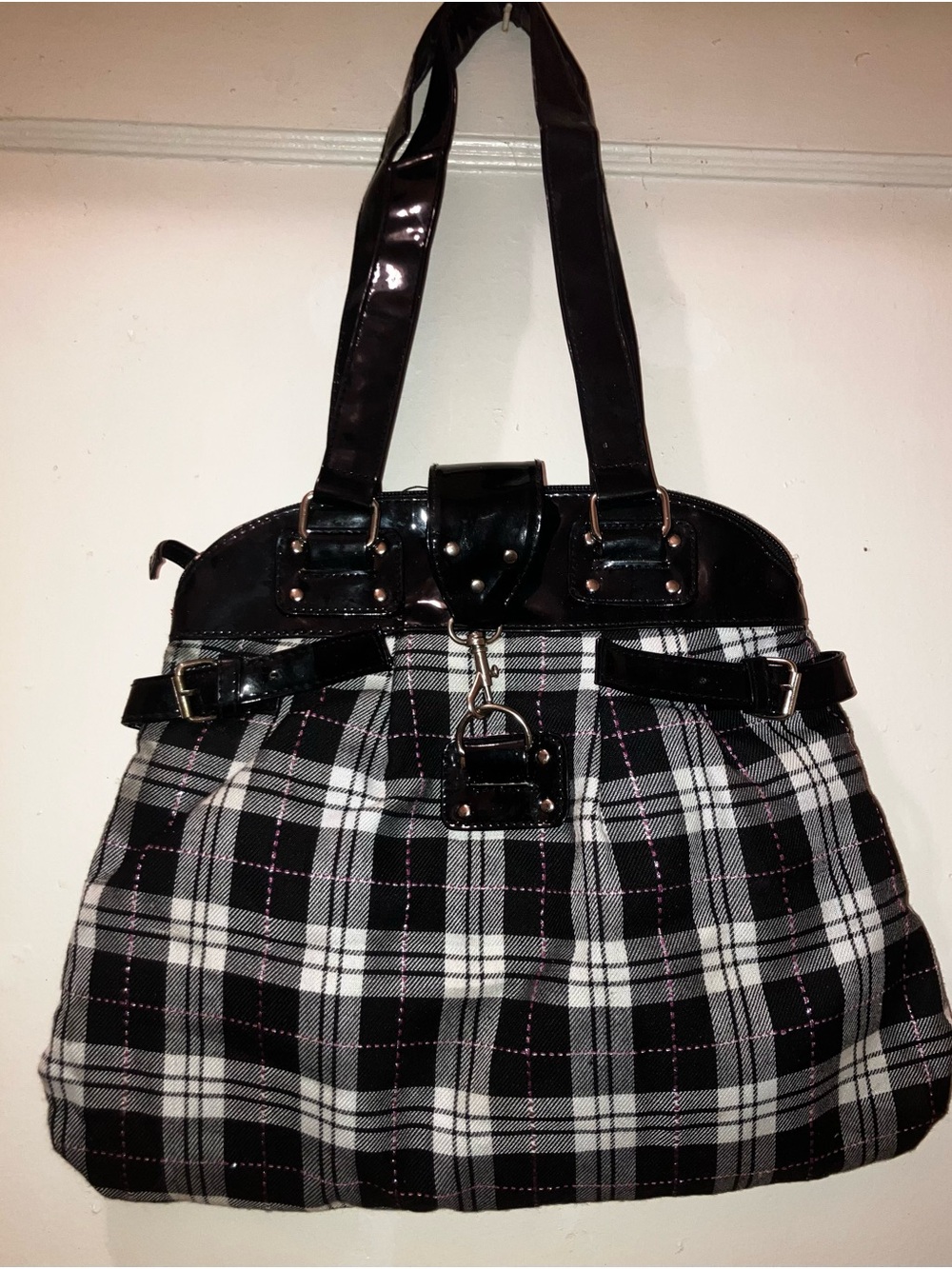 Vintage Y2K Plaid Black & White Tote Bag with Patent Trim